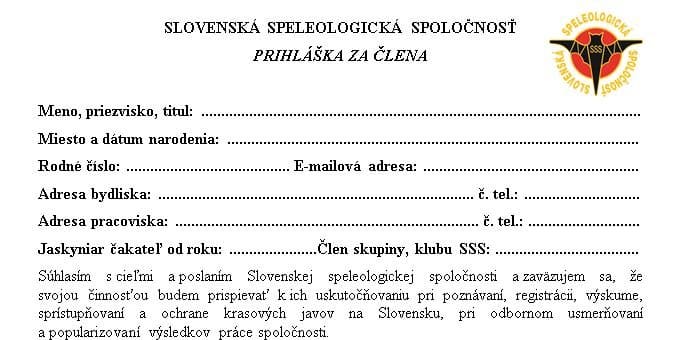 , Prihláška do SSS, Slovenská speleologická spoločnosť