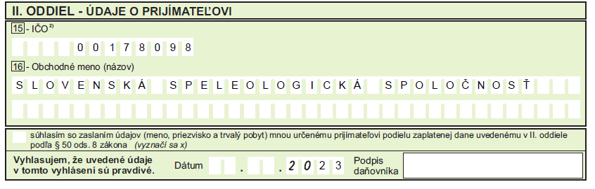 , Tlačivo pre 2%, Slovenská speleologická spoločnosť