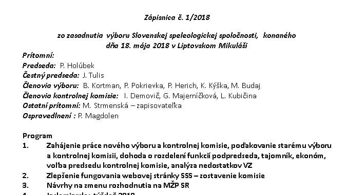 , Zápisnica č. 1/2018, Slovenská speleologická spoločnosť