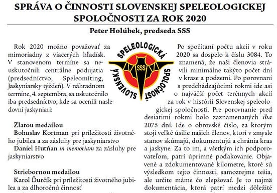 , SPRÁVA O ČINNOSTI SLOVENSKEJ SPELEOLOGICKEJ SPOLOČNOSTI ZA ROK 2020, Slovenská speleologická spoločnosť